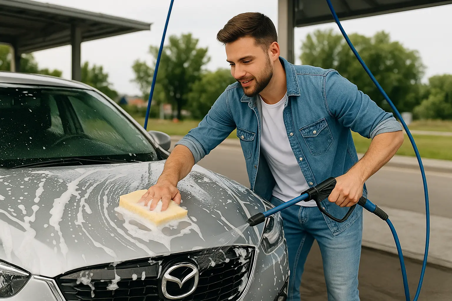 Мъж мие автомобил на автомивка с препарати за авто поддръжка