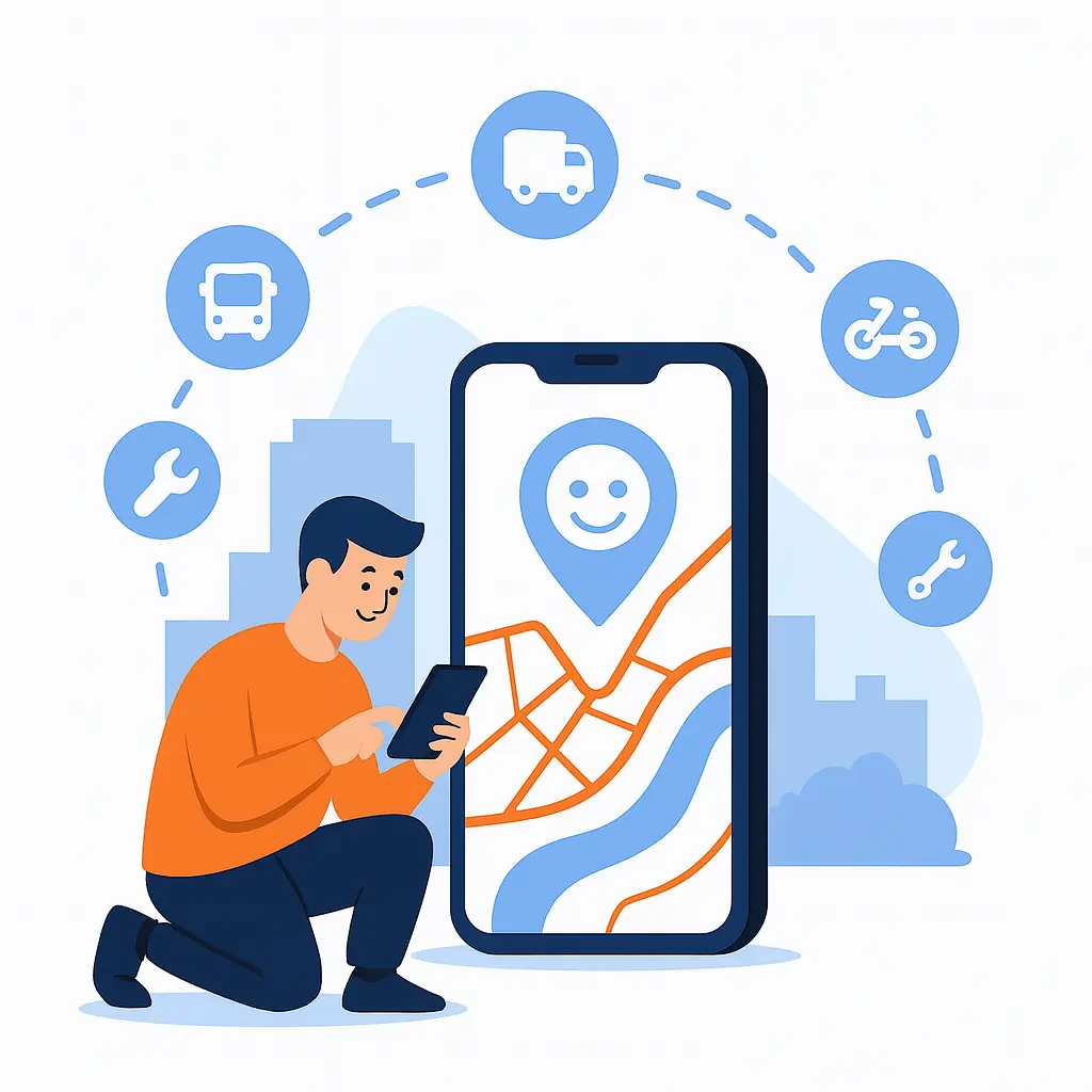 Илюстрация на мъж, използващ мобилно приложение с карта за авто и транспортни услуги
